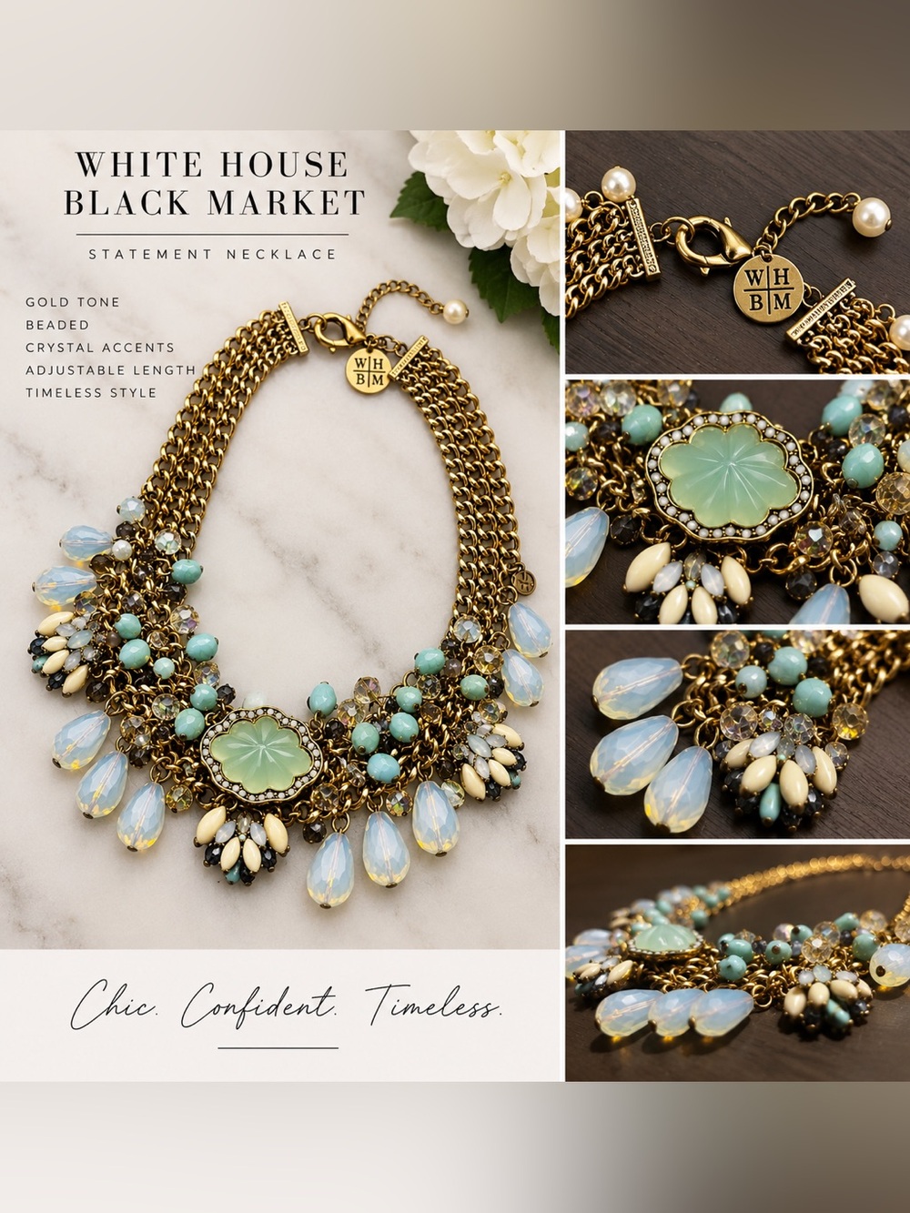 White House Black Market Gold-Tone Necklace with Mint Green & Opalescent Accents